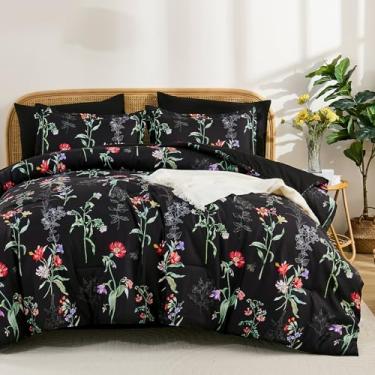 Imagem de Drucon Conjunto de edredom Queen, conjunto de edredom botânico floral preto com 7 peças, cama reversível em uma bolsa, conjunto de cama de microfibra leve e macia para todas as estações (228 x 228 cm)
