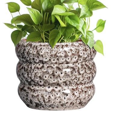 Imagem de SQOWL Vaso de cerâmica - Vaso de 20 cm para ambientes internos com orifício de drenagem, vasos de flores decorativos para ambientes externos, redondo, para decoração de quarto de casa, estampa de