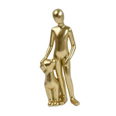 Imagem de Generic Estatueta de resina de homem e cachorro 2,1 x 1,5 x 6,5 polegadas para decoração de sala de estar e escritório, decoração de mesa fofa, escultura de, Dourado