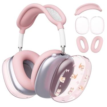 Imagem de BlHMCASE Capa de fone de ouvido para AirPods Max, bonito Kawaii, laço de gatinho transparente, capa de silicone rosa para fones de ouvido para Apple AirPods Max