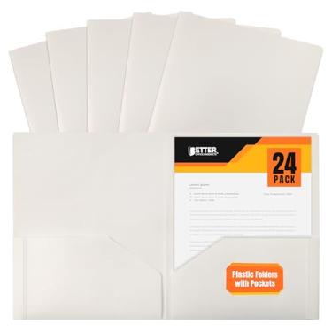 Imagem de Pasta de 2 bolsos de plástico branco pesado para portfólio, pacote com 24, pastas de poliéster tamanho letra da Better Office Products, pacote com 24, branco