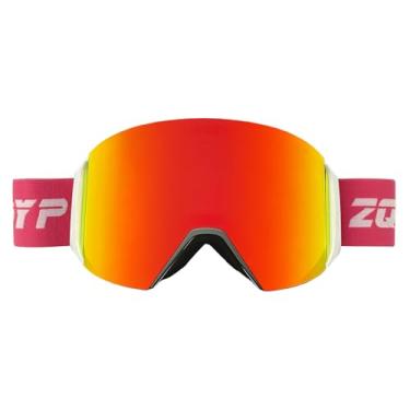 Imagem de YMTSGEQ Óculos de esqui, lentes magnéticas intercambiáveis antiembaciamento 100% proteção UV400 OTG óculos de neve para homens e mulheres (armação branca alça rosa - lente vermelha profunda Revo (Vlt