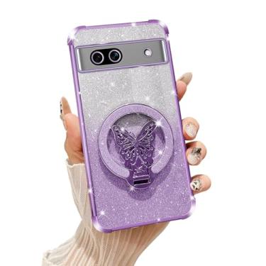 Imagem de Tesazxcn Capa para Google Pixel 7A com suporte de borboleta compatível com Magsafe, capa protetora à prova de choque com glitter para mulheres e meninas, roxo