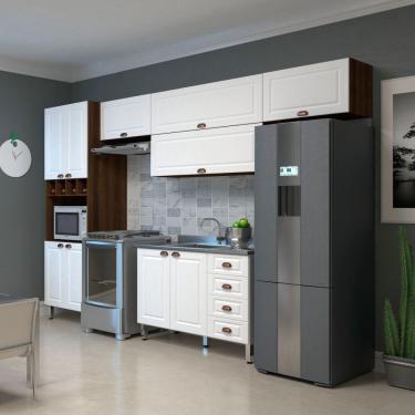 Imagem de Armário De Cozinha Compacta 5 Peças Sem Tampo Com Espaço Para Forno Safira Luciane Móveis Nogueira Dourado Com Branco Pet