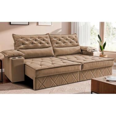 Imagem de Sofá Retrátil e Reclinável 2,10m com Porta Copos e Molas Cosmos Velusoft Bege Cama Inbox