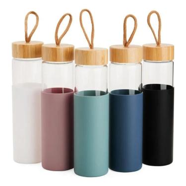 Imagem de 2X Garrafa Squeeze De Vidro Água Chá Suco 750 Ml Tampa Bambu