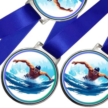 Imagem de Kit 10 Medalhas Para Natação Premiação De Campeão 50mm Com Fita Azul