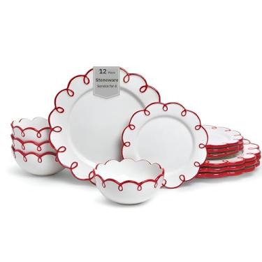 Imagem de Sango Conjunto de 12 peças de louça de barro para 4, conjuntos de pratos e tigelas brancos brilhantes com bordas recortadas vermelhas, conjunto de pratos premium, pratos de Natal para presentear e