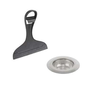 Imagem de Kit Ralo de Pia 9cm com Borda e Rodo de Pia Preto 15cm Conjunto Rodinho e Ralinho para Cozinha Material Resistente