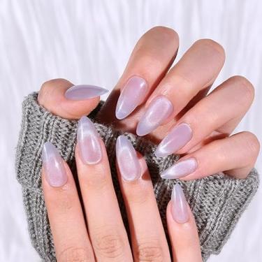 Imagem de 30 peças de unhas de pressão de amêndoas médias com ponta francesa com purpurina, cobertura completa, cola em bastão de unha para mulheres (nº 06 semitransparente)