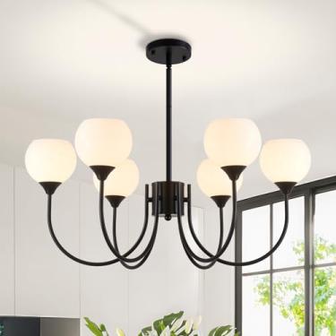 Imagem de Aixialin Lustre de meados do século, pingente preto Sputnik, 6 luzes, luminária de teto moderna com globo de vidro de leite ajustável para sala de jantar, sala de estar, quarto
