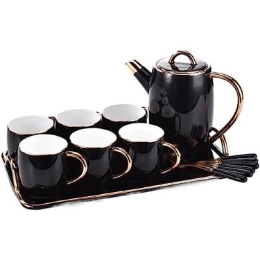 Imagem de Conjunto de chá xícaras de chá, conjunto de bule de chá, conjunto de chávenas de chá, conjunto de 8 com alça dourada para chá quente, chocolate, café, conjunto de chávenas de chá, conjunto de bule de