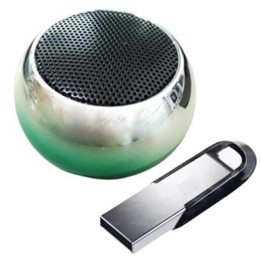 Imagem de Kit Mini Caixa de Som Bluetooth Prata e Verde + Pendrive 64gb Em Metal Compacto