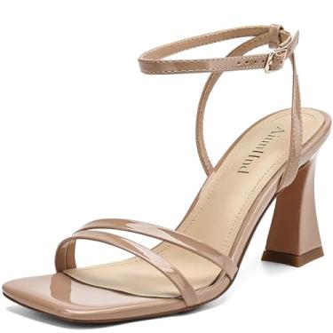 Imagem de AIUNIIND Sandálias femininas de salto alto, quadradas, abertas, com tira no tornozelo, salto social de 7,6 cm, confortável, Couro envernizado nude, 40