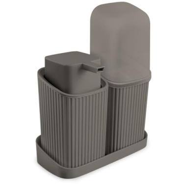 Imagem de Kit Para Banheiro Com Bandeja Sabonete Líquido Porta Escovas (Cinza Escuro)