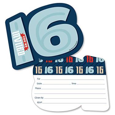 Imagem de Big Dot of Happiness Convites de preenchimento em forma de aniversário de 16 anos de menino - Cartões de convite para festa de aniversário de dezesseis anos com envelopes - Conjunto de 12