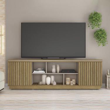 Imagem de Rack Tv 75 Pol 180cm Bancada Ripado Com Rodízio Noan Bege Amarelado/cinza C01 - D'rossi