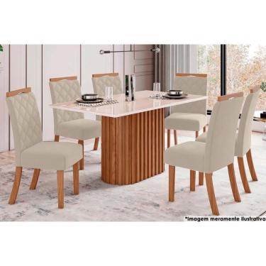 Imagem de Sala de Jantar Completa Solana c/ Tampo Madeirado c/ Vidro Reto 160x90cm e 6 Cadeiras Bella Nature/Linho - Henn