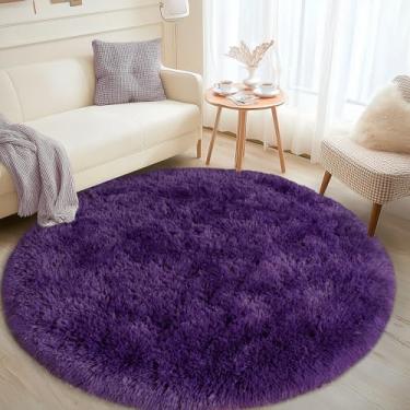 Imagem de Tapete redondo roxo para quarto, tapetes circulares de 1,5 m para sala de estar, tapete felpudo macio para adolescentes, meninas, meninos, berçário, dormitório, decoração de casa, estética