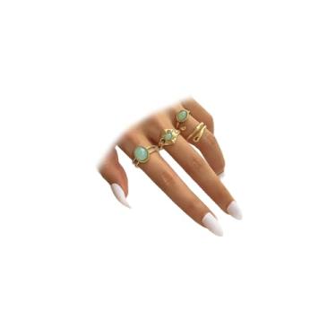 Imagem de DZSYJKTM Conjunto de anéis femininos boêmios, turquesa, dourado, vintage, resina, cristal, pedra, articulação, não mancha, delicada, vaca ocidental, festa, formatura, joias, acessórios para presente