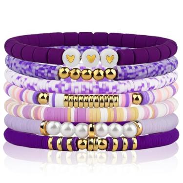 Imagem de 7 peças de pulseiras roxas da amizade, pulseiras modernas de contas de argila Heishi para mulheres, pulseiras elásticas banhadas a ouro boêmia empilhável com contas, conjunto de pulseiras de surfista