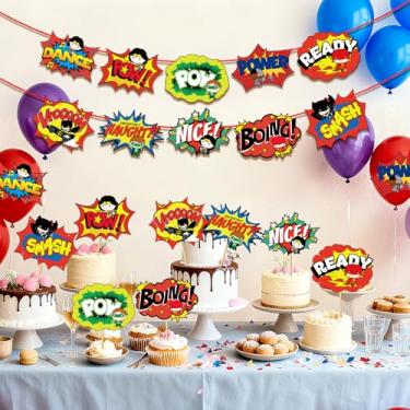 Imagem de Suprimentos de decoração de festa de super-herói, 10 peças - Banner de papelão com recortes de placa de herói de desenho animado para aniversário, chá de bebê, volta às aulas, adereços de cabine de