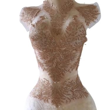 Imagem de Apliques adesivos para pescoço ombro peito cintura parte decorativa para costurar à noite vestido de casamento roupas vestido baile festa dança estado costura, pequenos grânulos colados (cáqui)