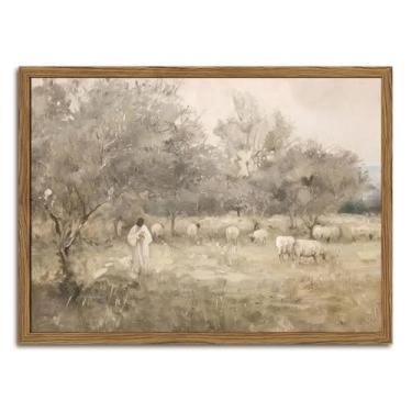 Imagem de Arte de parede cristã Jesus e Cordeiro, pinturas de decoração de parede Jesus deixa as 99 ovelhas, pôster religioso O Senhor é meu pastor, impressões em tela para sala de oração 40,6 x 61 cm moldura