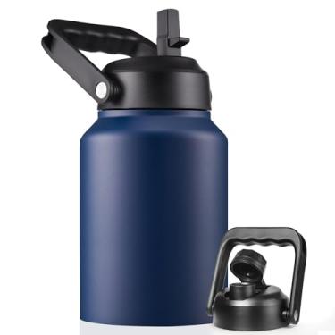 Imagem de EALGRO Garrafa de água isolada de meio galão com canudo, garrafa de água esportiva grande de aço inoxidável de 1,8 l com alça, caneca de copo de água térmica com 2 tampas, azul marinho
