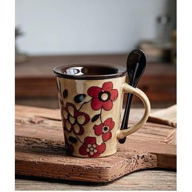 Imagem de Canecas de café 340 g com colher e tampa, novo conjunto de canecas de café de cerâmica para latte, chá quente, cappuccino, mocha, cacau, casa de fazenda, presente de casamento, presente de Natal