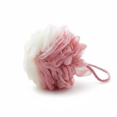 Imagem de Esponja de Banho em Malha, Rosa e Branco, com Alça de Corda, Textura Macia