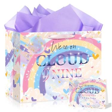 Imagem de Peconal Saco de presente de aniversário de 9 anos na nuvem, decorações de 9 anos, estamos na nuvem, 9, saco de papel de embrulho com cartão de felicitações para bebês meninas doces 9 anos de idade