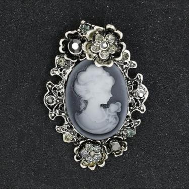 Imagem de Broche de camafeu vitoriano vintage para mulheres, broche de rosto feminino de strass, broche de lapela de cristal elegante para vestido de casaco, presente para ela, One Size, Metal, não