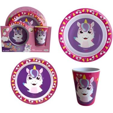 Imagem de Kit Refeição Infantil, 3 Peças, Prato, Tigela e Copo, Estampa Divertida, P/Introdução Alimentar (Unicórnio)