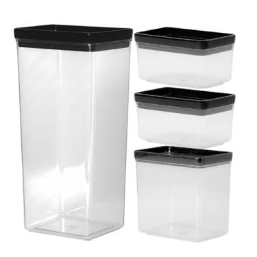 Imagem de Kit 4 Potes Organizadores Retangulares Lumini Black | Porta Mantimentos Hermético | Cozinha, Despensa, Armário e Geladeira | Plástico Transparente com Tampa Preta