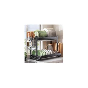 Imagem de Escorredor de Louças 2 Andares Multifuncional, Metal e Plástico, Preto Fosco, 43 x 27 x 33,5 cm, com Suportes para Talheres e Utensílios