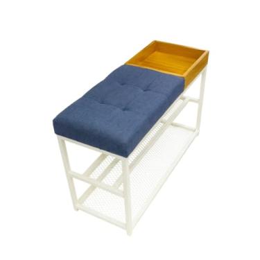 Imagem de SAPATEIRA ORGANIZADORA COM TELA 80CM ASSENTO ESTOFADO LUXO CAPITONE COM CAIXA APARADOR(Estrutura Branca/Assento Azul)