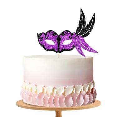 Imagem de Máscara de baile de máscaras, top de bolo com máscara roxa preta, decoração de bolo de festa de jazz retrô com glitter para mulheres e homens, decoração de festa de aniversário temática dos anos 20