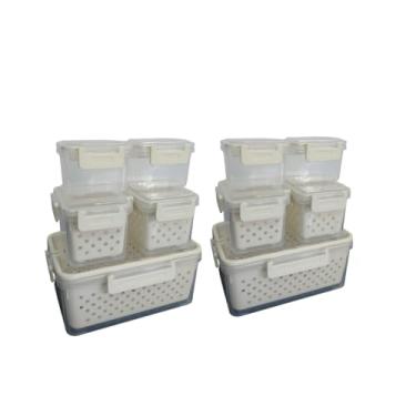 Imagem de 2 Kits 10 Potes Herméticos com Cesto Escorredor Transparente de Plástico Organizador de Alimentos com Tampa Hermética Porta Mantimentos para Casa Cozinha