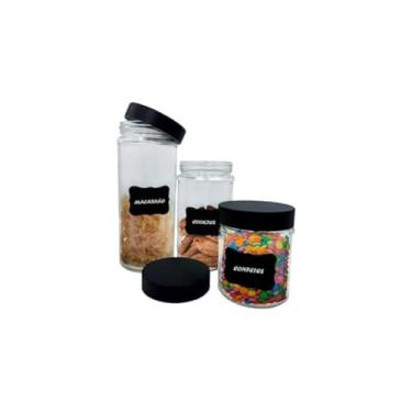 Imagem de Conjunto 3 Potes de Vidro com Tampa de Ferro e Adesivo Lousa, Preto, Transparente, 360ml/560ml/810ml, Organizador para Cozinha