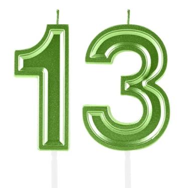 Imagem de Velas de aniversário de 13 anos, numerais verdes, 13 topper de bolo, decoração para meninas, meninos, tema de aniversário, festa de casamento, aniversário de casamento, suprimentos para celebração