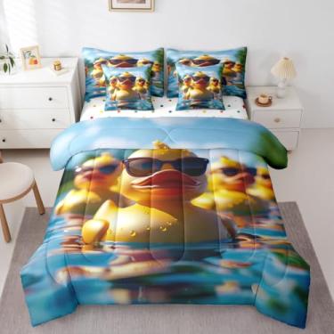 Imagem de Erosebridal Jogo de lençol solteiro engraçado de pato com patos de borracha amarela, 7 peças, para crianças, meninos e meninas, para amantes de patos, lençol de cima com elástico