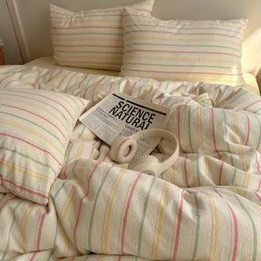 Imagem de EAVD Conjunto de edredom listrado colorido vintage, 3 peças, retrô, vertical, listrado, geométrico, para todas as estações (rosa, amarelo, azul, casal)
