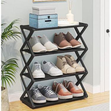 Imagem de Sapateira Prateleira 4 Andares Multiuso Compacta | Organizador de Sapatos em Plástico, TNT e Metal | Capacidade para 8 Pares | Estante Desmontável e Estreita para Closet, Quarto e Lavanderia
