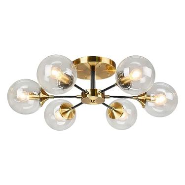 Imagem de Luminária de teto dourada estilo moderno de meados do século XX, com 6 lâmpadas, em metal preto, com acabamento em latão escovado e globo transparente, estilo Sputnik.