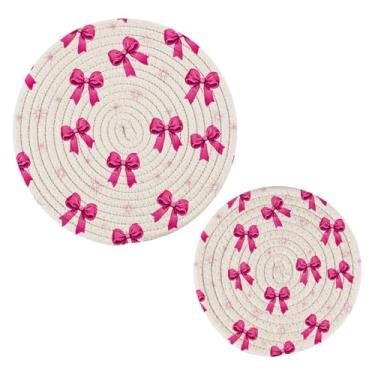 Imagem de Wassud Trivet de fitas de laço para pratos quentes suportes de panela redondos de algodão almofadas quentes elegantes porta-copos decoração de cozinha e acessórios, 2 peças