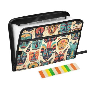 Imagem de Wassud Máscaras tribais coloridas de acordeão, organizador de arquivos, letras A4, pastas de arquivo, papel organizador de documentos, fólio com etiquetas, pasta de arquivos expansível, 13 bolsos