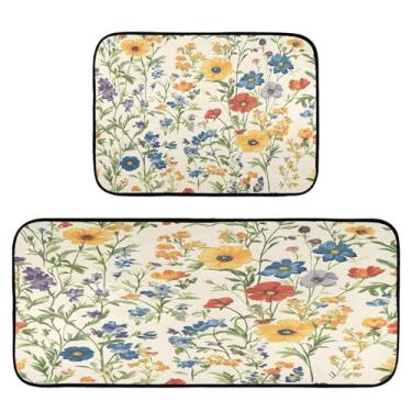 Imagem de Qilmy Tapetes de cozinha vintage lindas flores silvestres 2 peças, tapete de entrada frontal, antiderrapante, alivia a fadiga, lavável, tapete para cozinha, quarto, varanda593