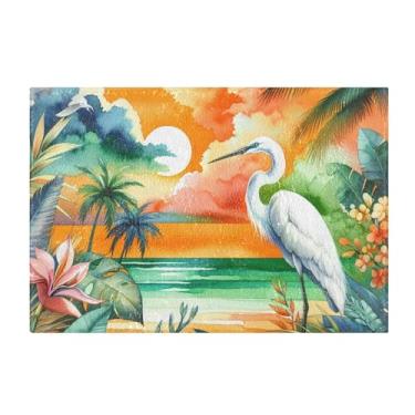 Imagem de Burbuja Tapete de banheiro com palmeiras, pássaro de garça-branca; tapete de banheiro absorvente extramacio com suporte antiderrapante para banheiro, banheira, chuveiro, 41 x 61 cm