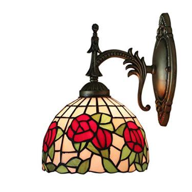 Imagem de Luminária de parede de 1 braço estilo Tiffany com 20 cm de diâmetro, em vitral floral campestre vintage, ideal para cabeceira, sala de estar e corredor, potência máxima de 40 W.